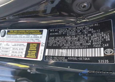 2012 Toyota Camry Xle из США, поврежденный, VIN 4T4BF1FK8CR253121